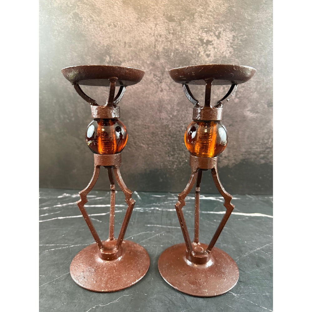 2 VTG Brutalist Gothic Candle Holder Cast Iron with Amber Glass Sphere 4x4x10in
